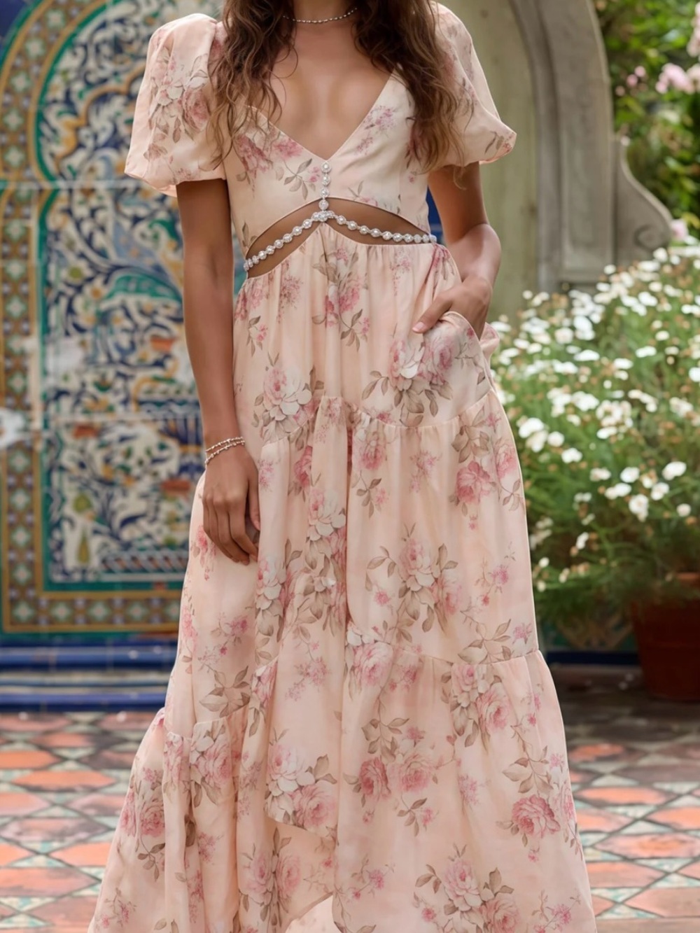 Brand New Blush Floral Cutout Maxi Dress